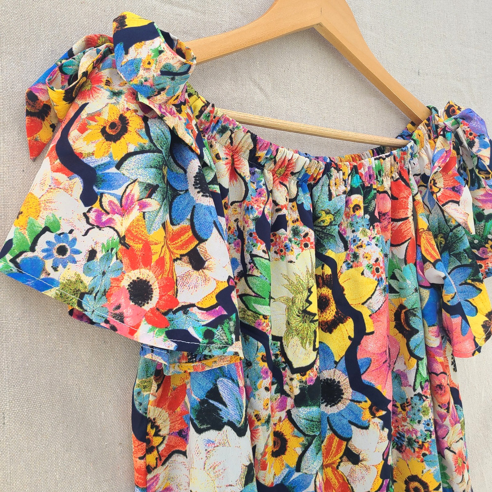 Callie Mac Floral Off Shoulder Lined Mini Dress Colorful Bright Boho Size S - Picture 2 of 7